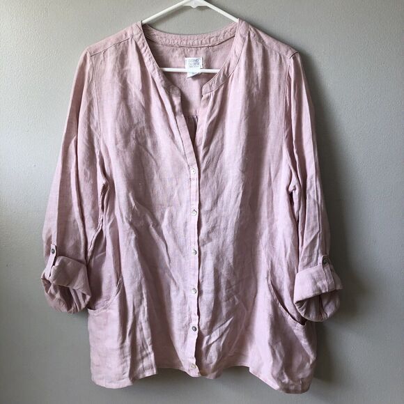 Sigrid Olsen Shirt Womens L 100% Linen Popover Tunic Pink Convertible Roll Tab - Picture 1 of 10
